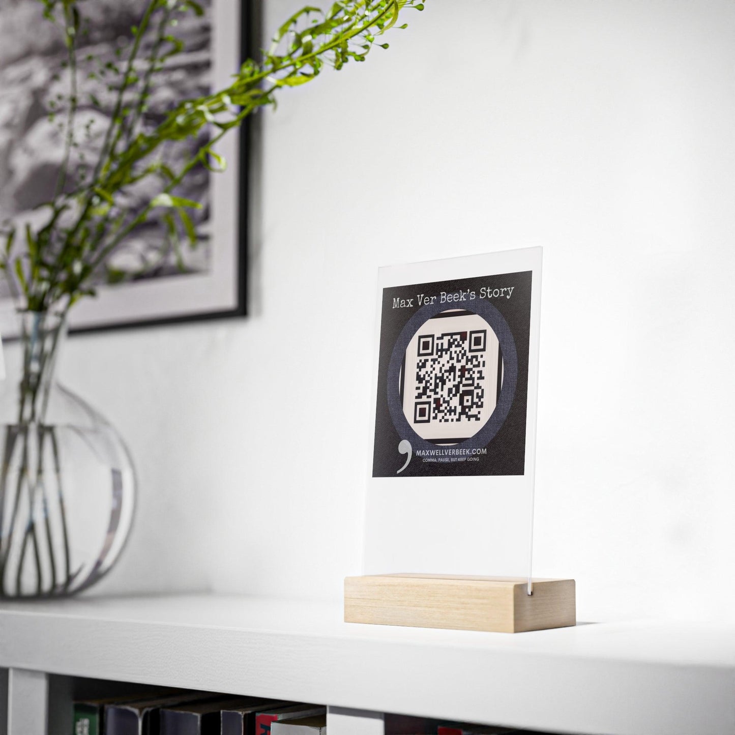 Max Ver Beek QR Code Acrylic Sign with Wooden Stand