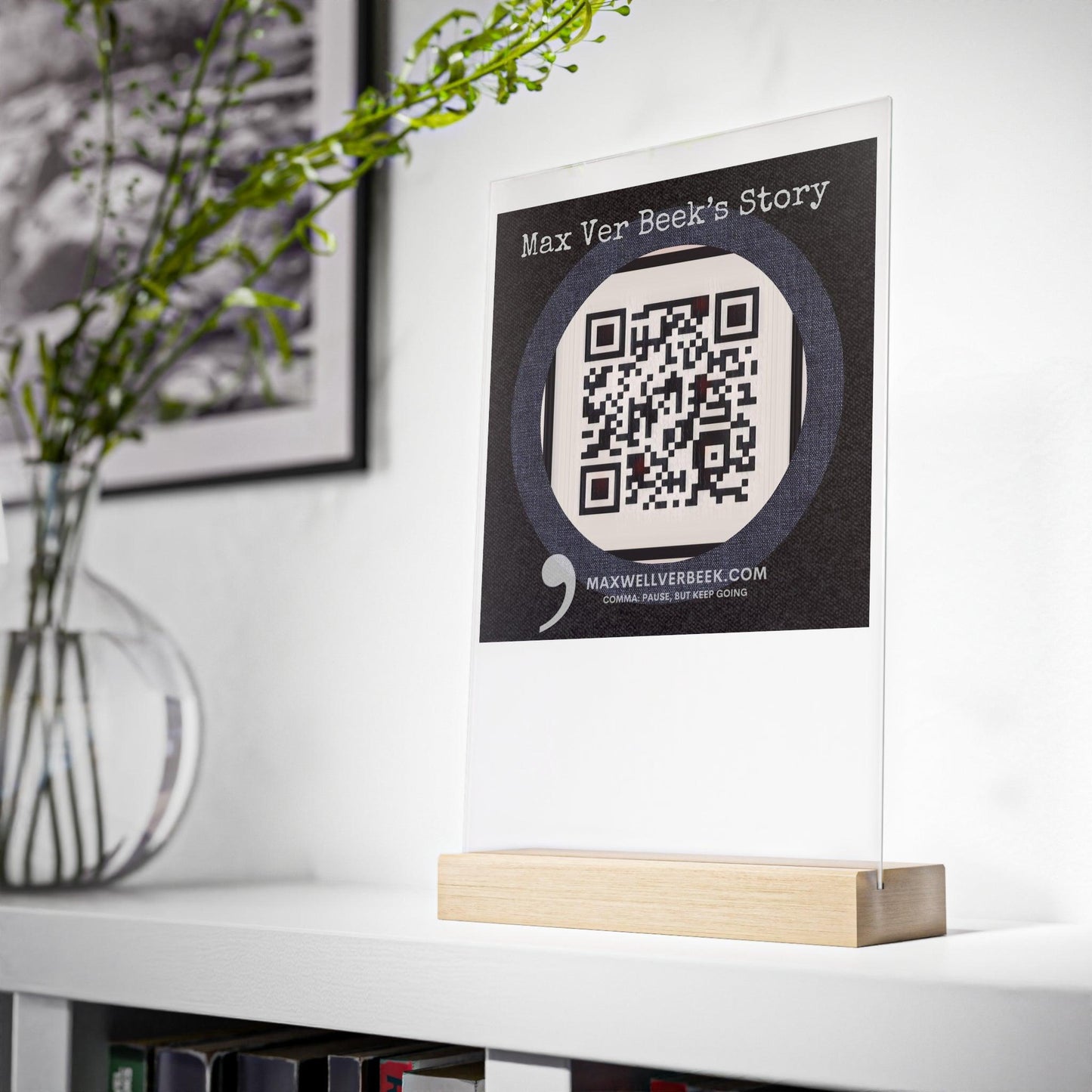 Max Ver Beek QR Code Acrylic Sign with Wooden Stand