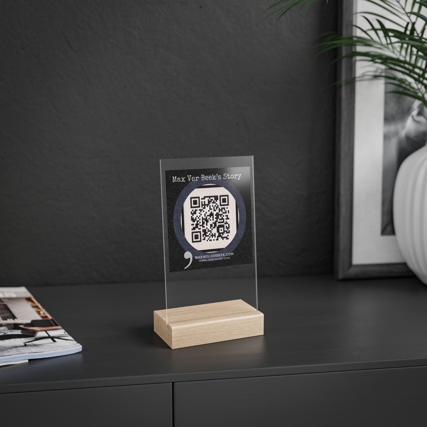 Max Ver Beek QR Code Acrylic Sign with Wooden Stand