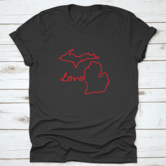 Michigan Us State Red Outline Map With The Handwritten Love Word.