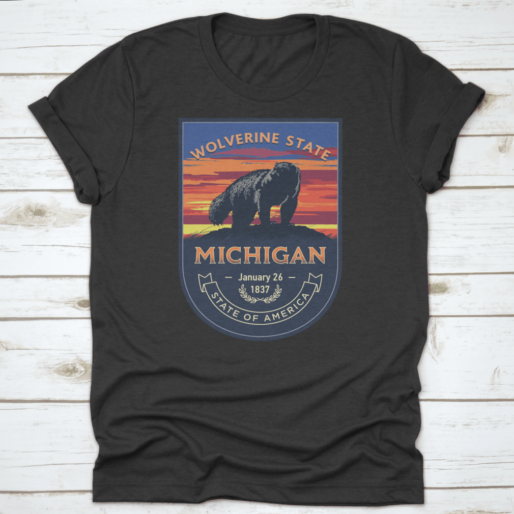 Michigan State Emblem, Wolverine, Sunset On A Blue Background