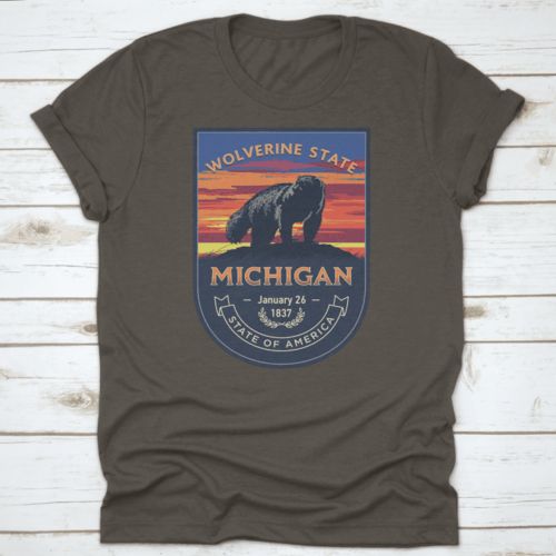 Michigan State Emblem, Wolverine, Sunset On A Blue Background