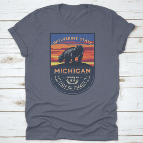 Michigan State Emblem, Wolverine, Sunset On A Blue Background