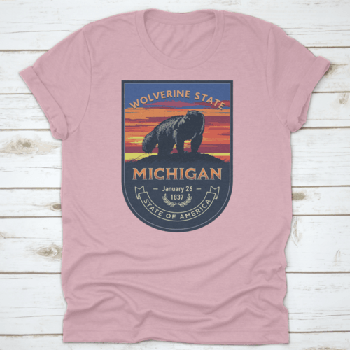 Michigan State Emblem, Wolverine, Sunset On A Blue Background