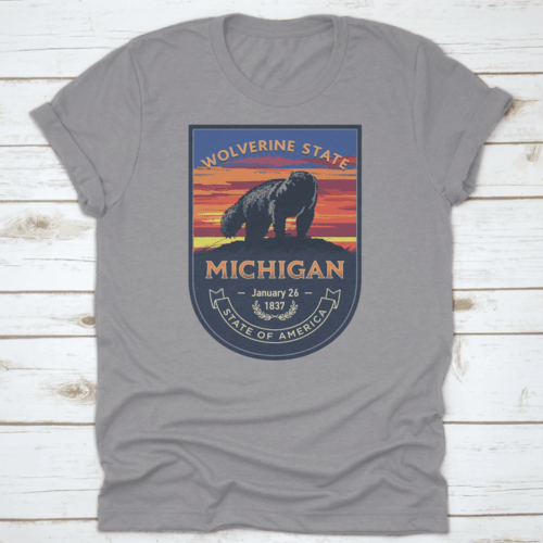 Michigan State Emblem, Wolverine, Sunset On A Blue Background