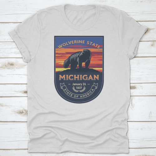 Michigan State Emblem, Wolverine, Sunset On A Blue Background