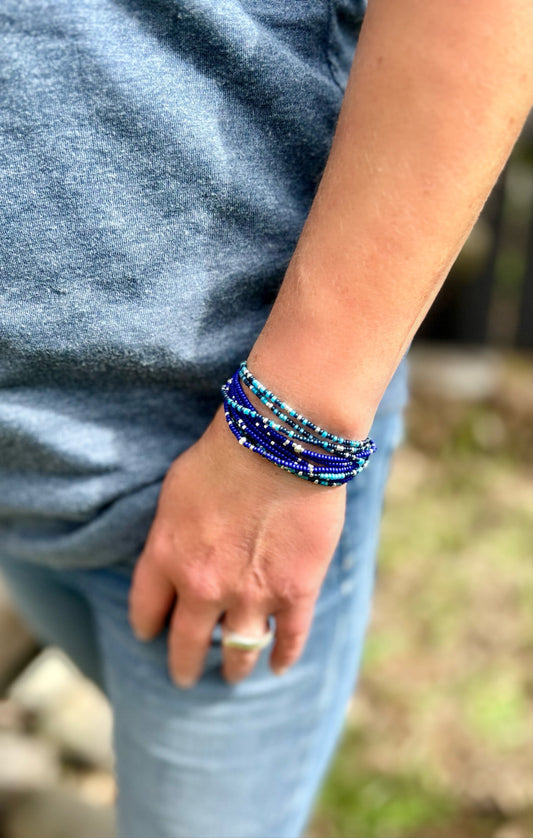 Blues Mix 2-Piece Silver-Sprinkle Beaded Wrap Bracelet