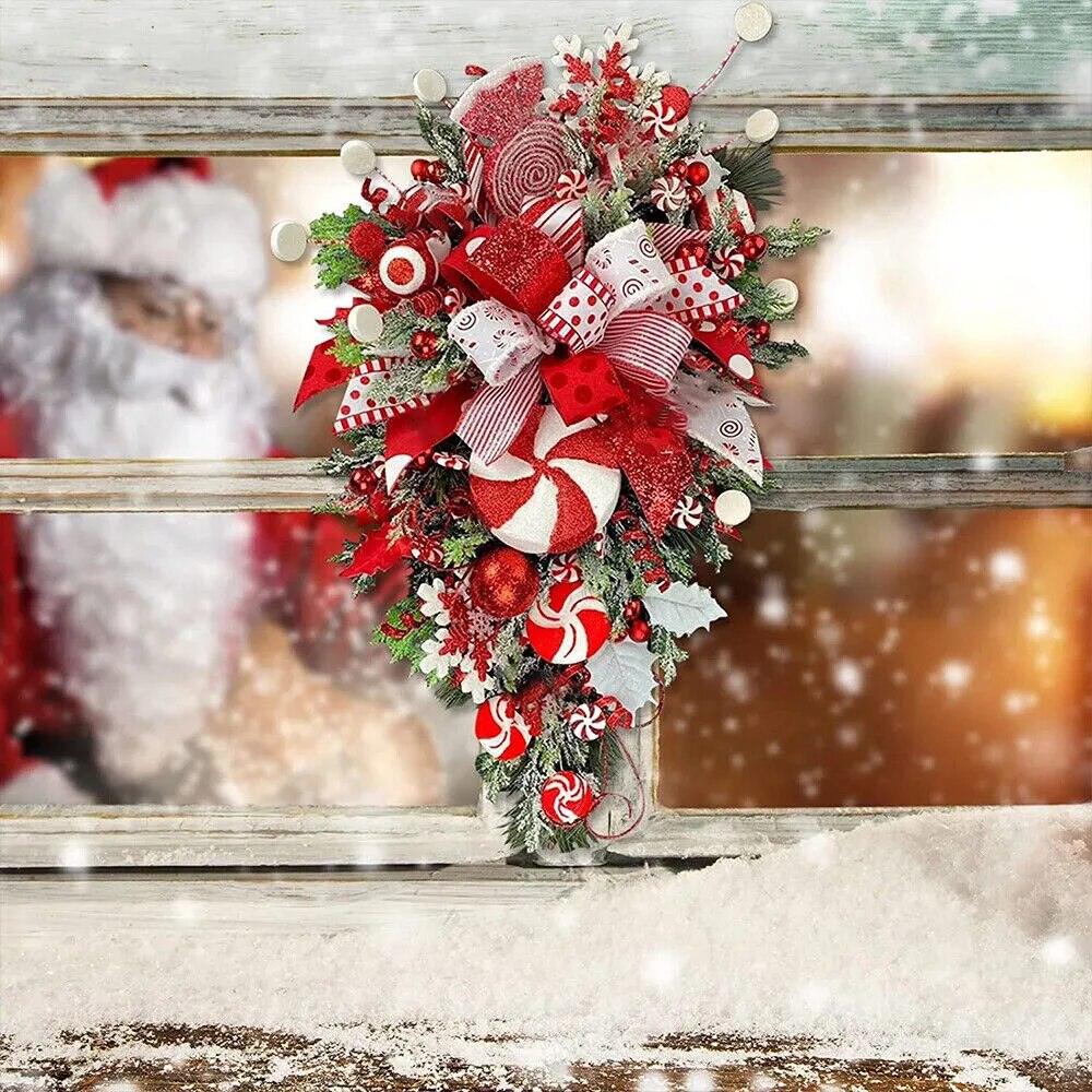 Sweet Christmas Wreath Garland Candy Cane Bow Ornament Xmas Front Door