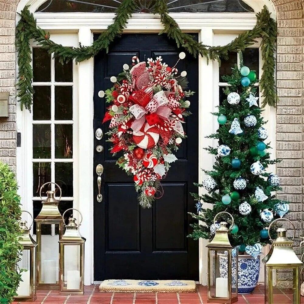 Sweet Christmas Wreath Garland Candy Cane Bow Ornament Xmas Front Door