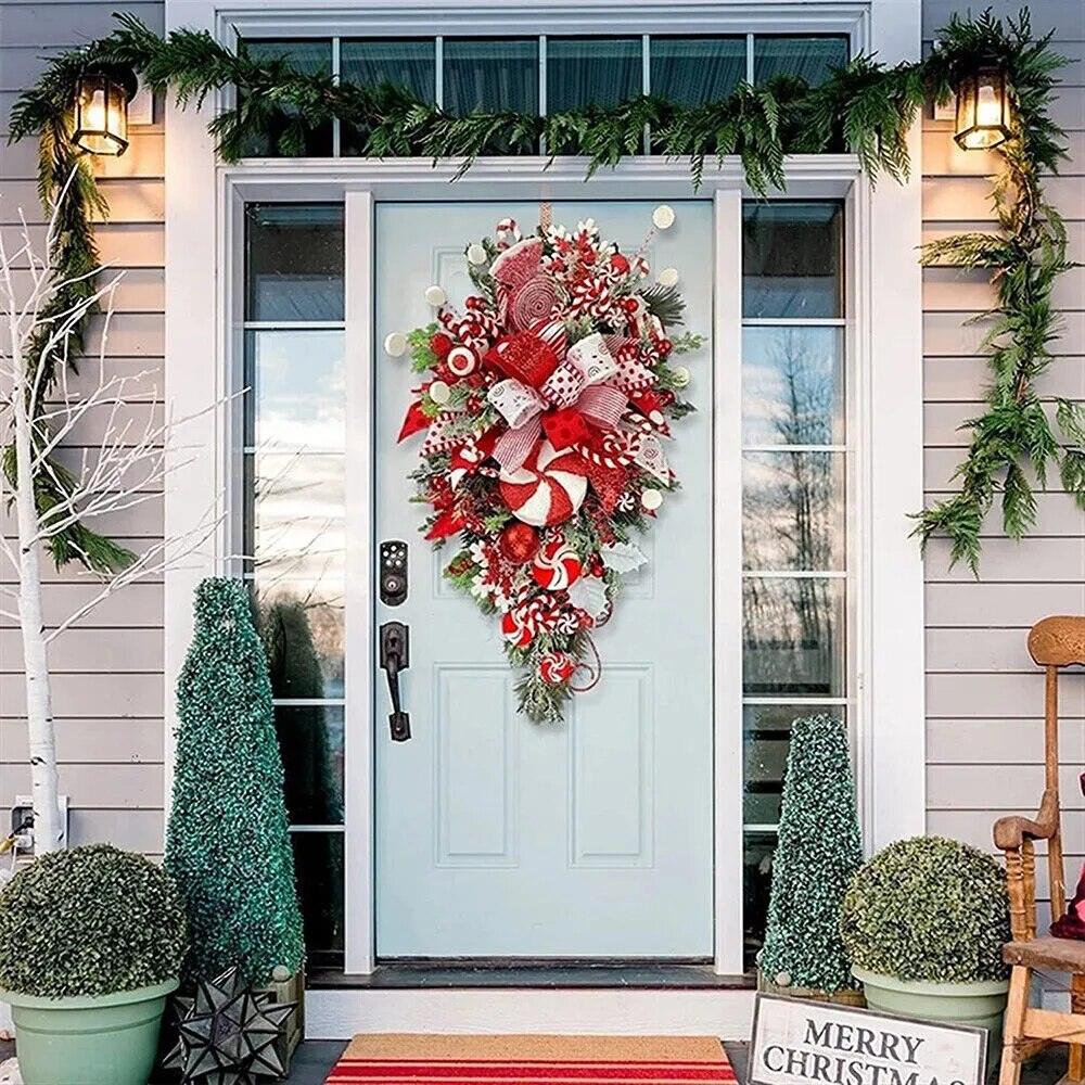 Sweet Christmas Wreath Garland Candy Cane Bow Ornament Xmas Front Door