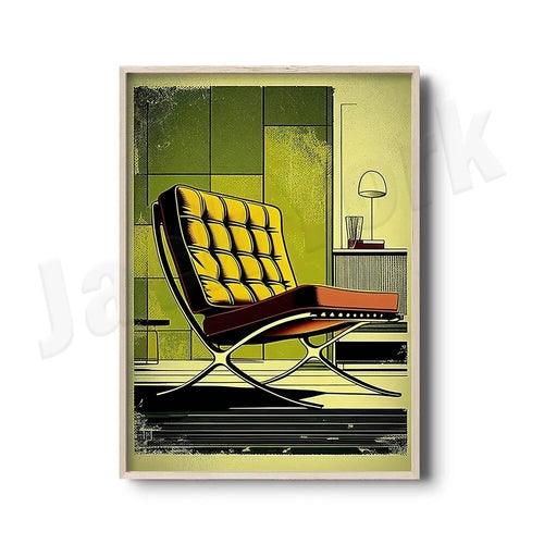 Vintage chair print, Barcelona chair, iconic chair design, mid-century