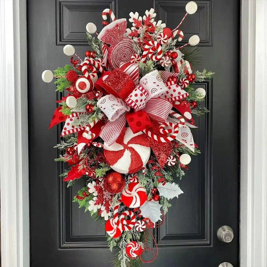 Sweet Christmas Wreath Garland Candy Cane Bow Ornament Xmas Front Door