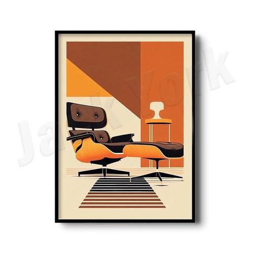 Vintage chair print, Barcelona chair, iconic chair design, mid-century