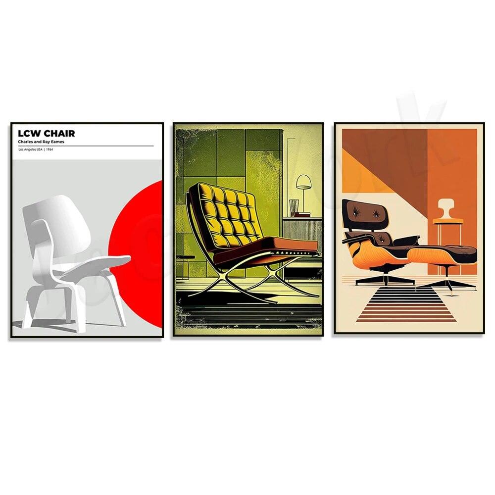 Vintage chair print, Barcelona chair, iconic chair design, mid-century