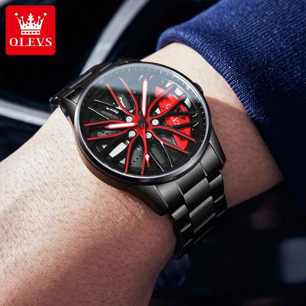 OLEVS Wheel Hub Watch for Men 360° Rotary Dial Sport Car Rim Stainless