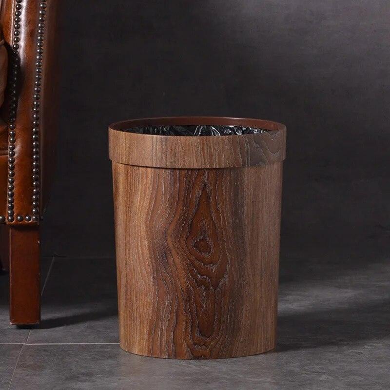 Retro Wood Grain Trash Can Home Living Room Kitchen Garbage Bin Office