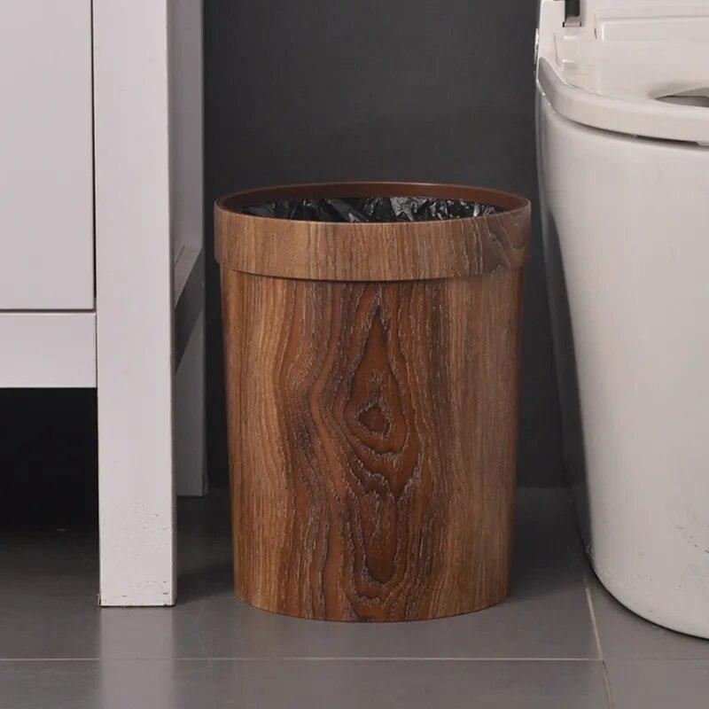 Retro Wood Grain Trash Can Home Living Room Kitchen Garbage Bin Office