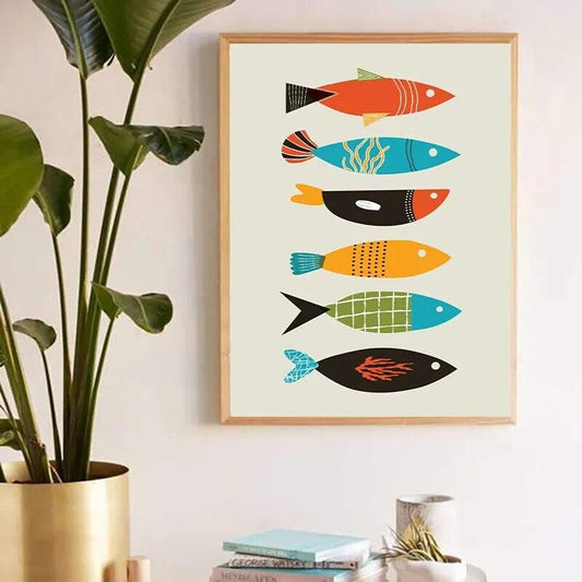 Mid Century Modern Abstract Canvas Prints Fish Poster Wall Art Decor,