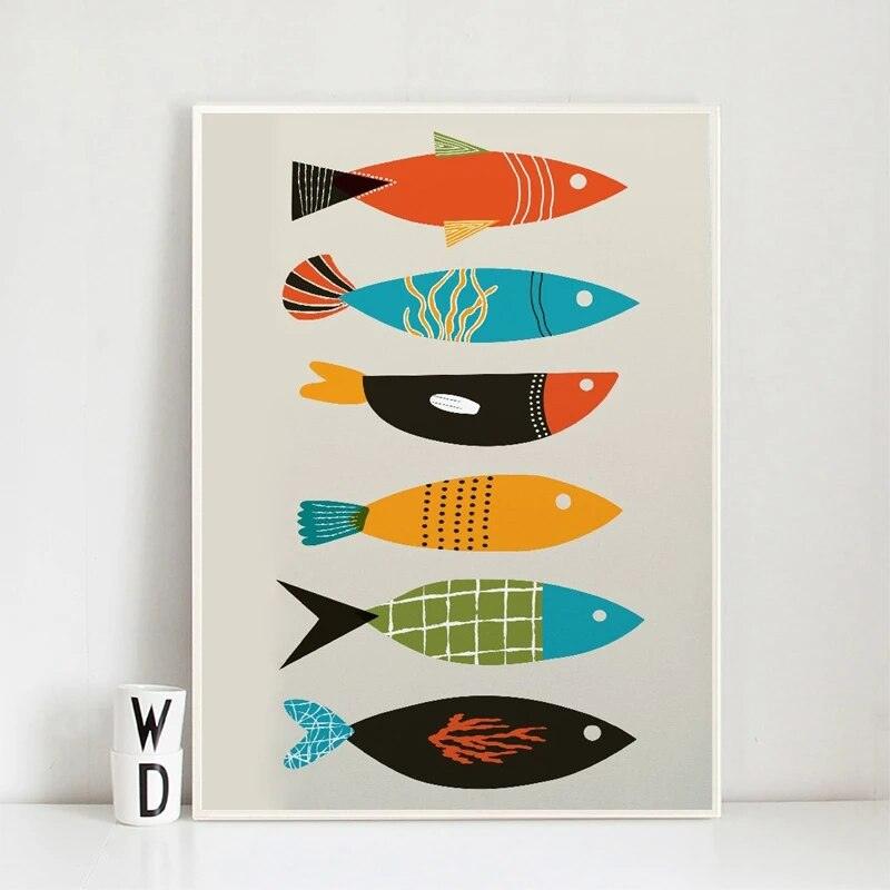 Mid Century Modern Abstract Canvas Prints Fish Poster Wall Art Decor,