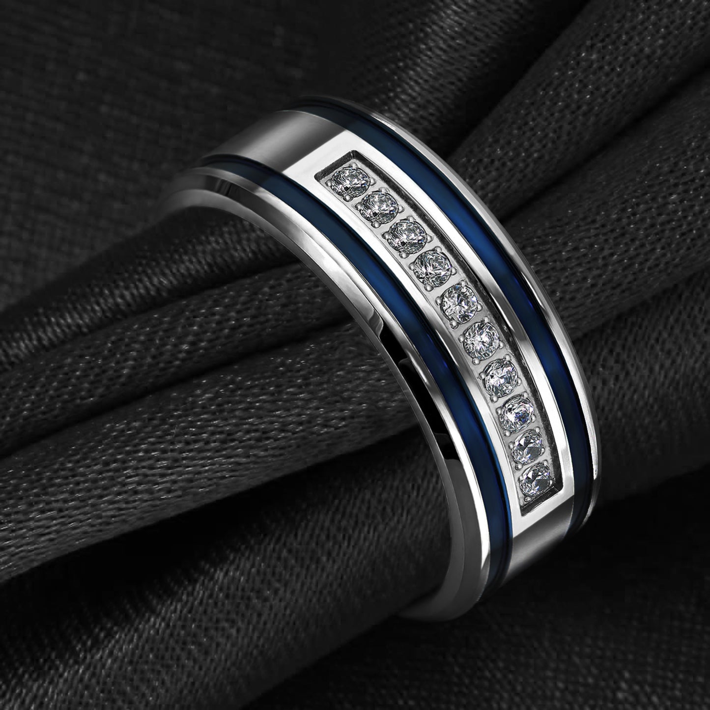 Mens Stainless Steel CZ Blue Stripes Rings for Him