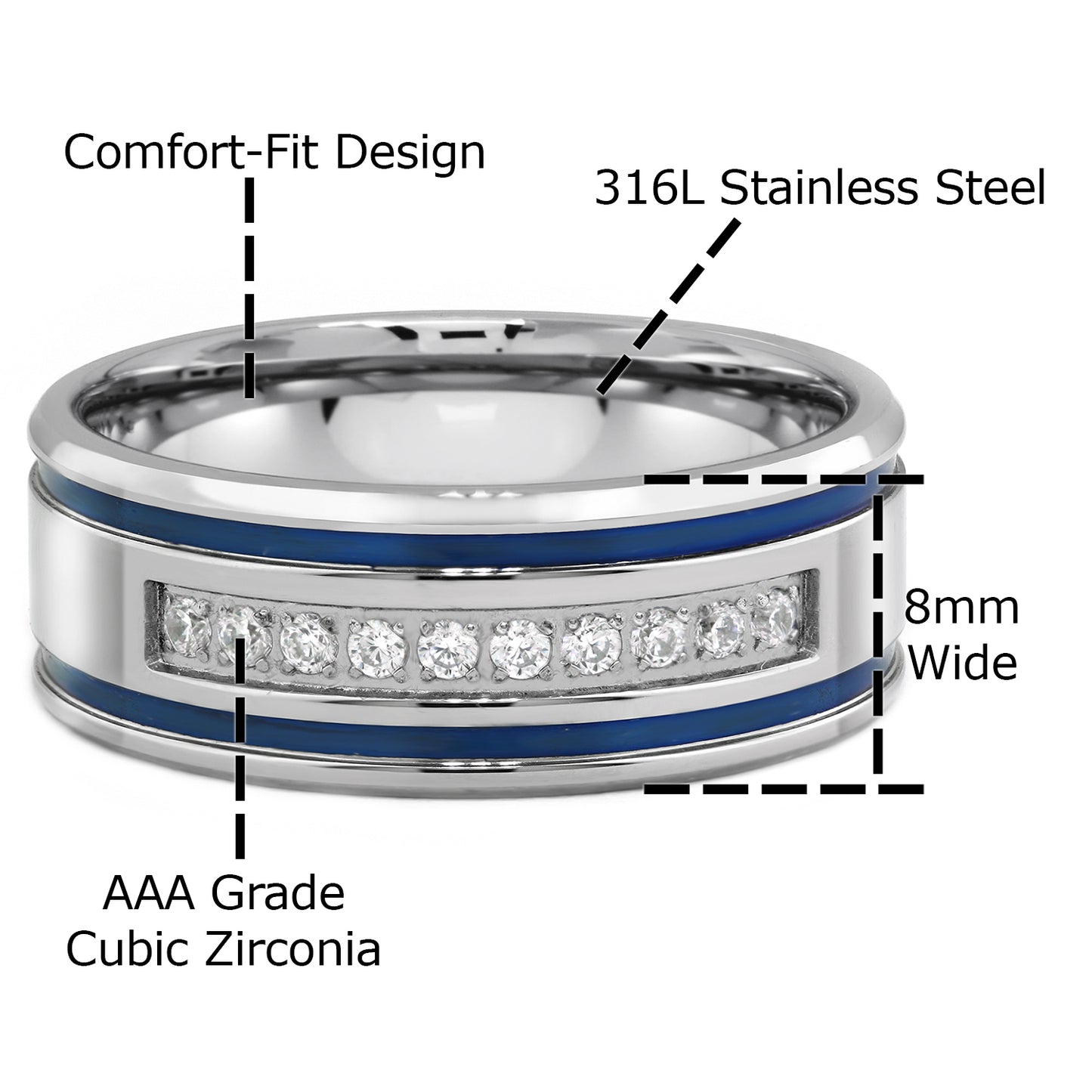 Mens Stainless Steel CZ Blue Stripes Rings for Him