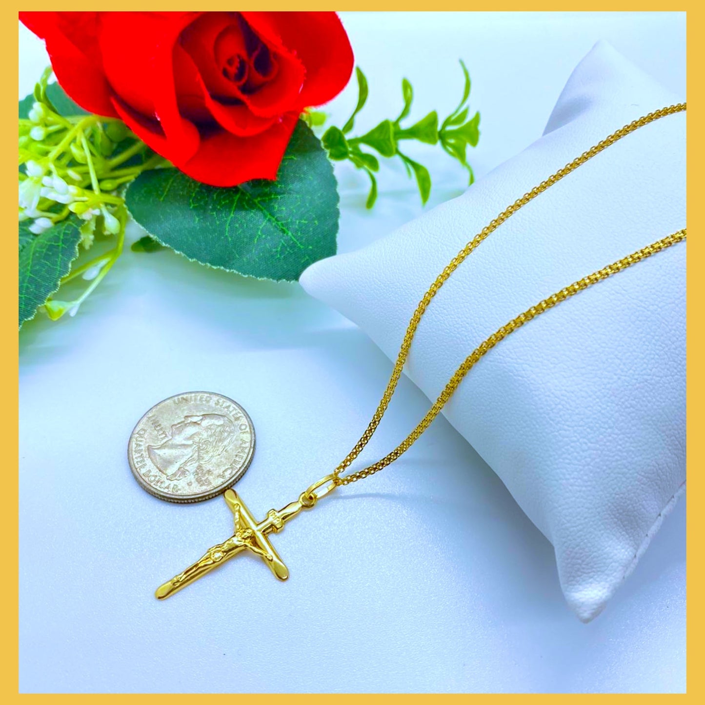 18K Real Gold Cross Necklace 18”