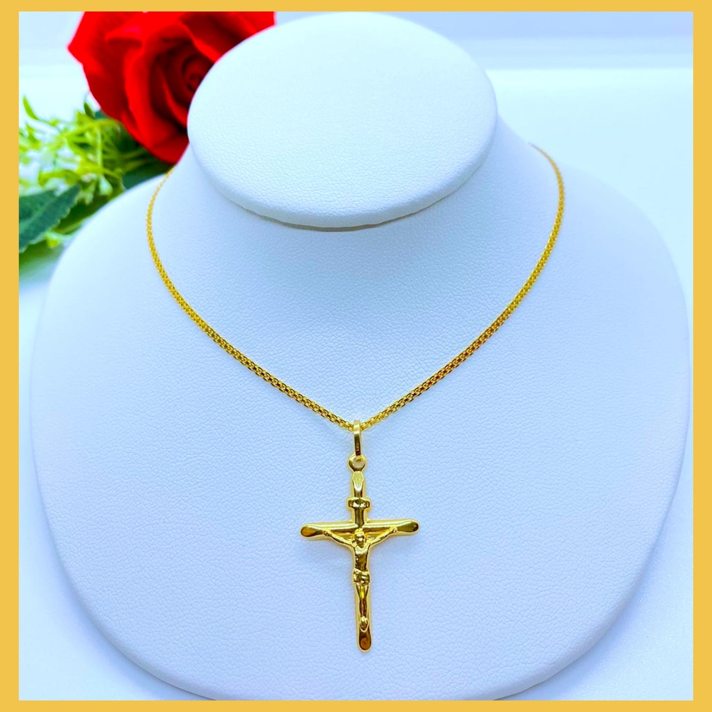 18K Real Gold Cross Necklace 18”