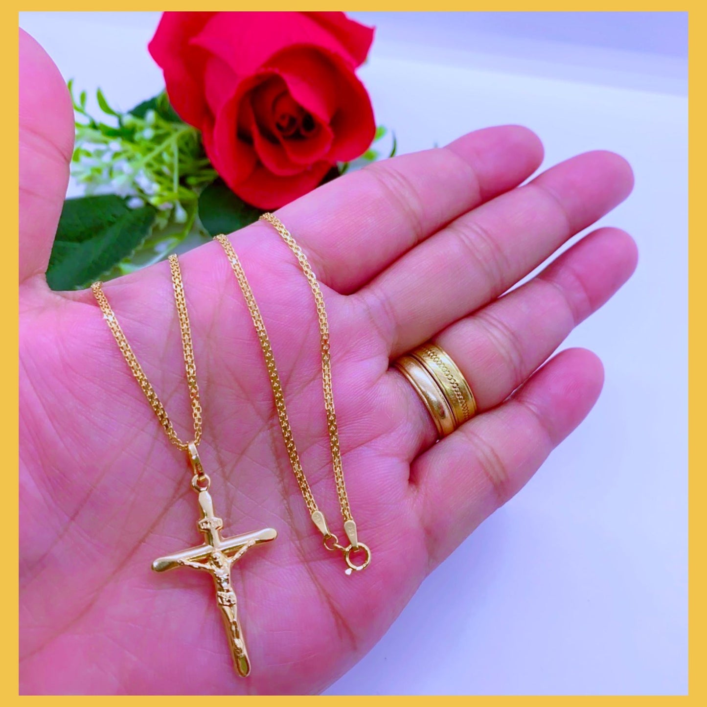 18K Real Gold Cross Necklace 18”