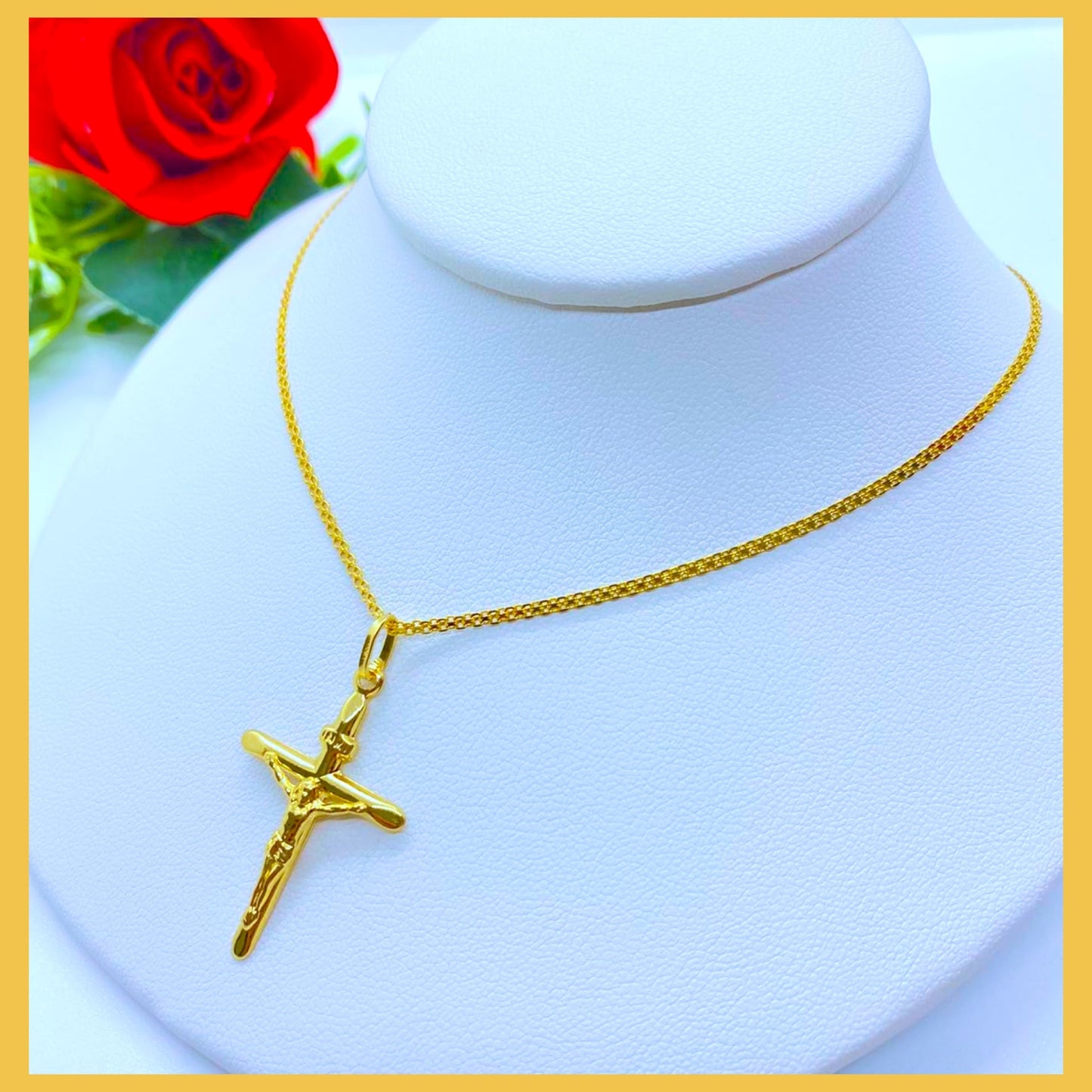 18K Real Gold Cross Necklace 18”