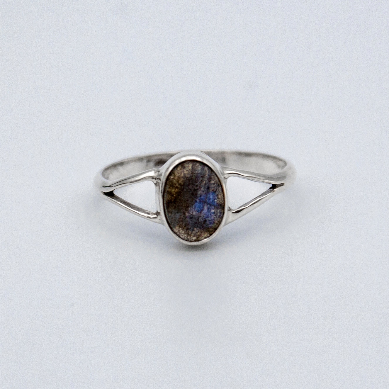 Oval Labradorite Bezel Split Shank Sterling Silver Ring