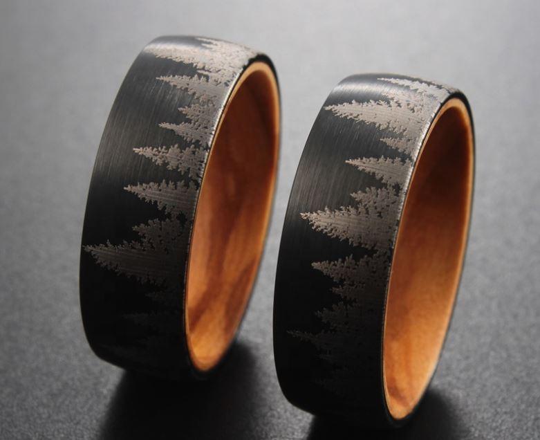 Black Etched Tree Line Wood and Tungsten Ring - MaxwellVerBeek.com