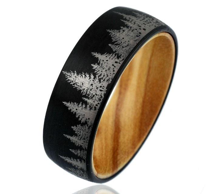 Black Etched Tree Line Wood and Tungsten Ring - MaxwellVerBeek.com