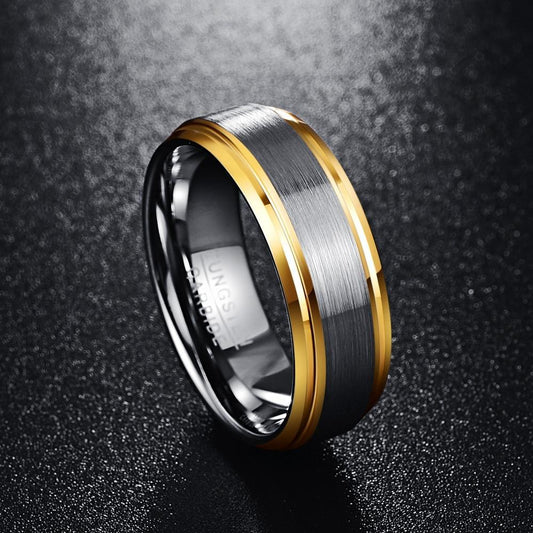 Brushed Silver with Gold Edge Tungsten Ring - MaxwellVerBeek.com