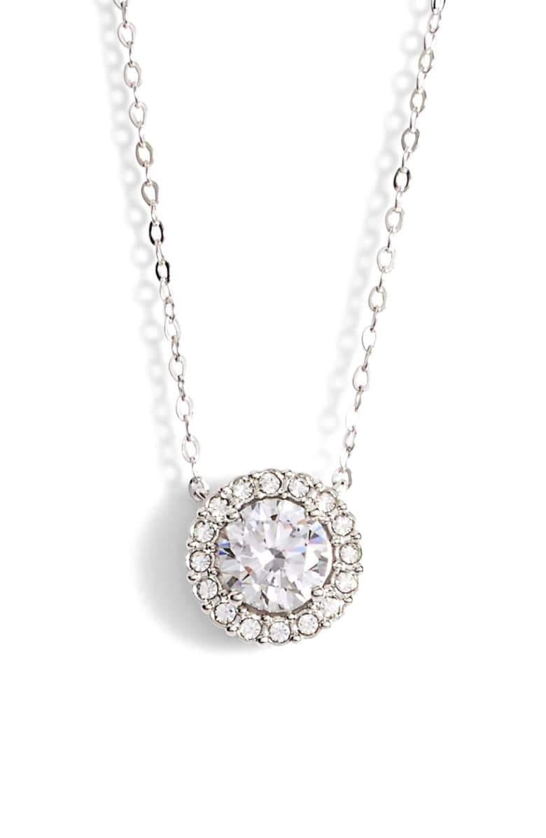 1.00 CT  Crystal Halo Disc Necklace 18" - 18K White Gold Plated