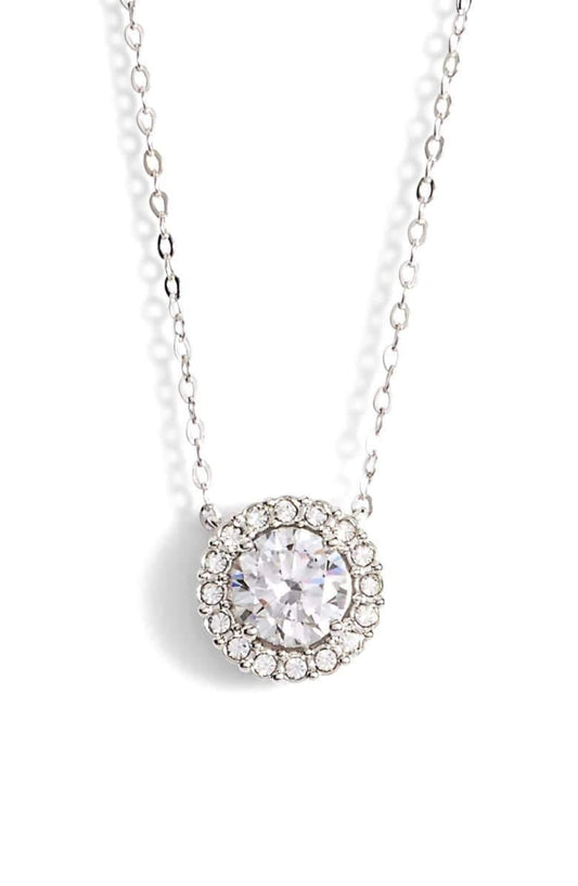 1.00 CT  Crystal Halo Disc Necklace 18" - 18K White Gold Plated