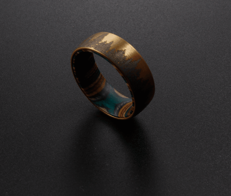 Bronze Etched Tree Line with Striped Wood Sleeve Tungsten Ring - MaxwellVerBeek.com