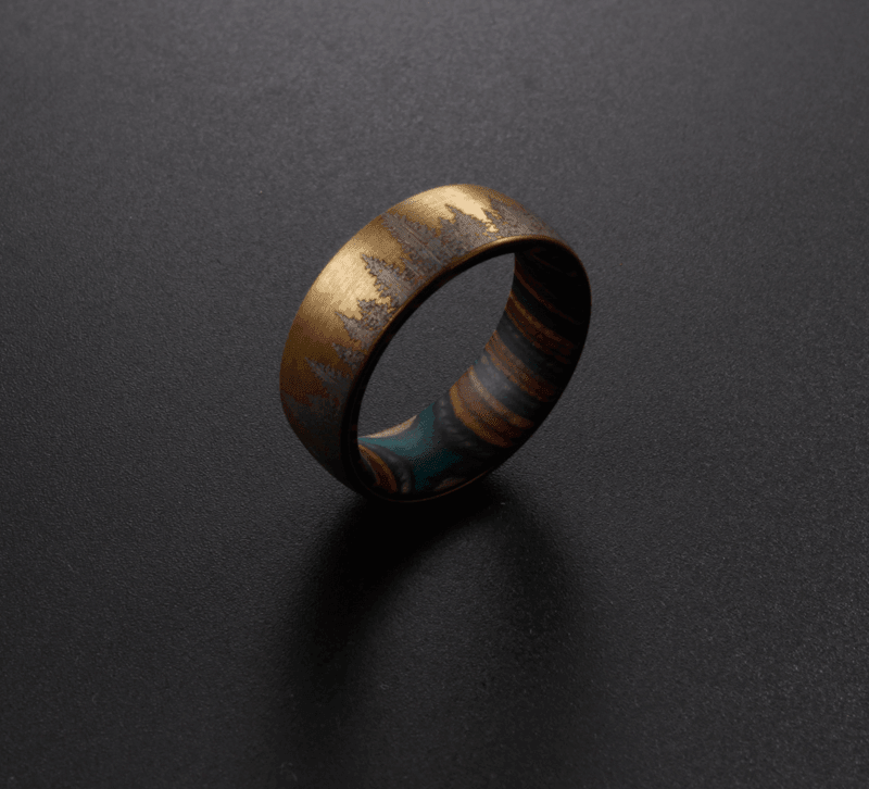 Bronze Etched Tree Line with Striped Wood Sleeve Tungsten Ring - MaxwellVerBeek.com