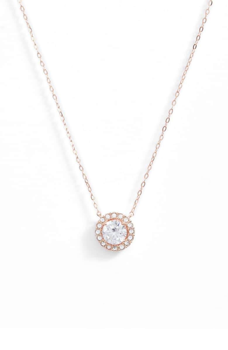 1.00 CT Crystal Halo Disc Necklace 18" - 18K Rose Gold Plated