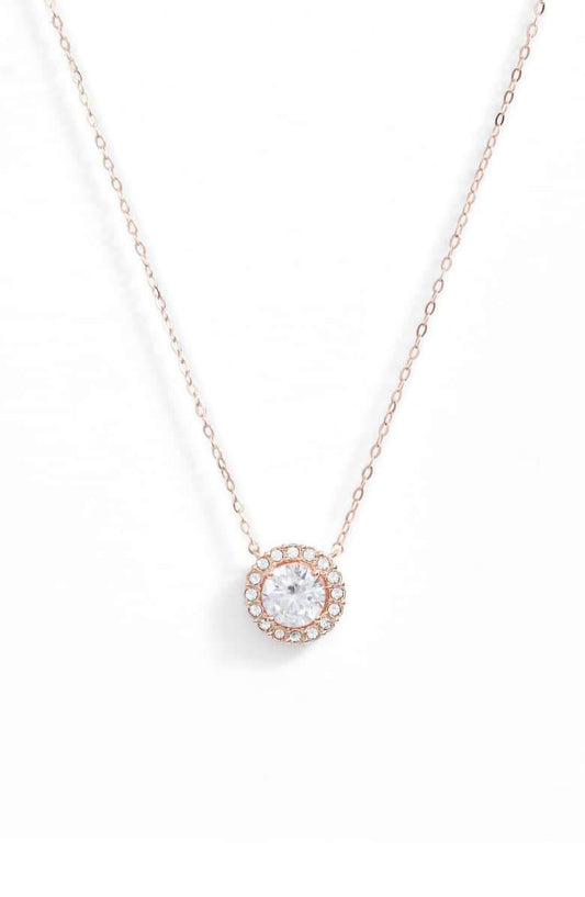 1.00 CT Crystal Halo Disc Necklace 18" - 18K Rose Gold Plated