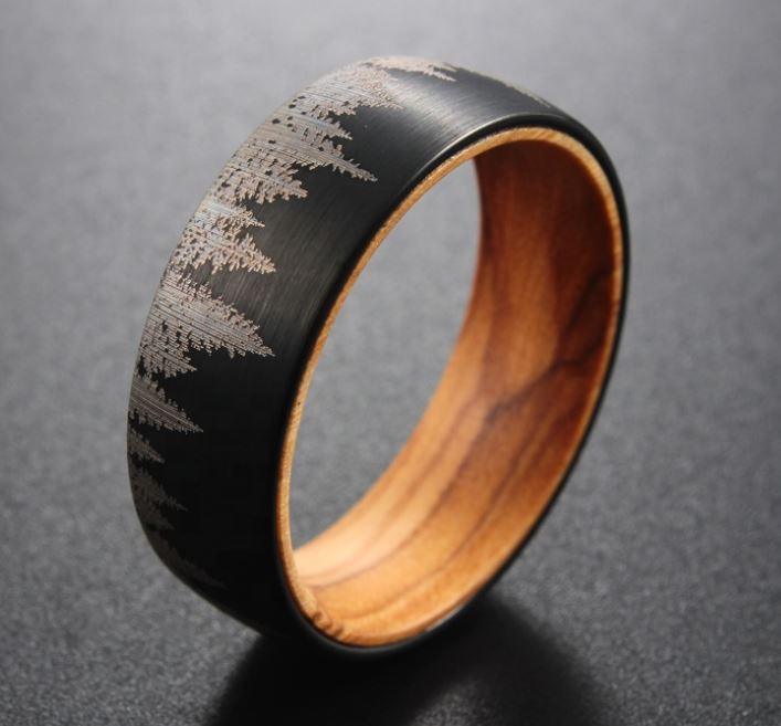 Black Etched Tree Line Wood and Tungsten Ring - MaxwellVerBeek.com