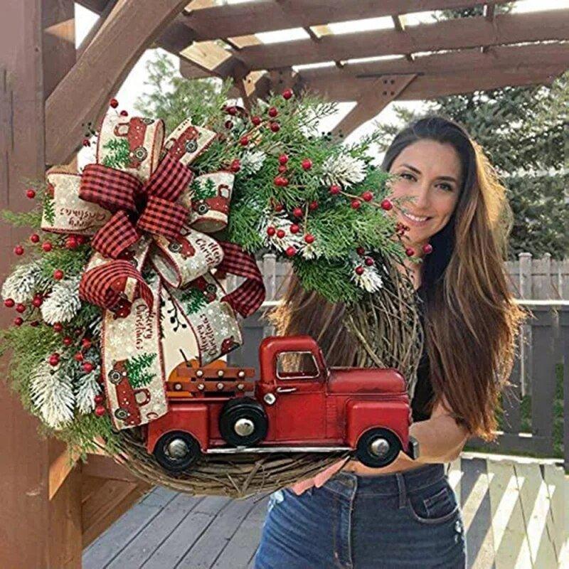 35CM Christmas Wreath Webbing Red Truck Outdoor Indoor Home Party Wall - MaxwellVerBeek.com