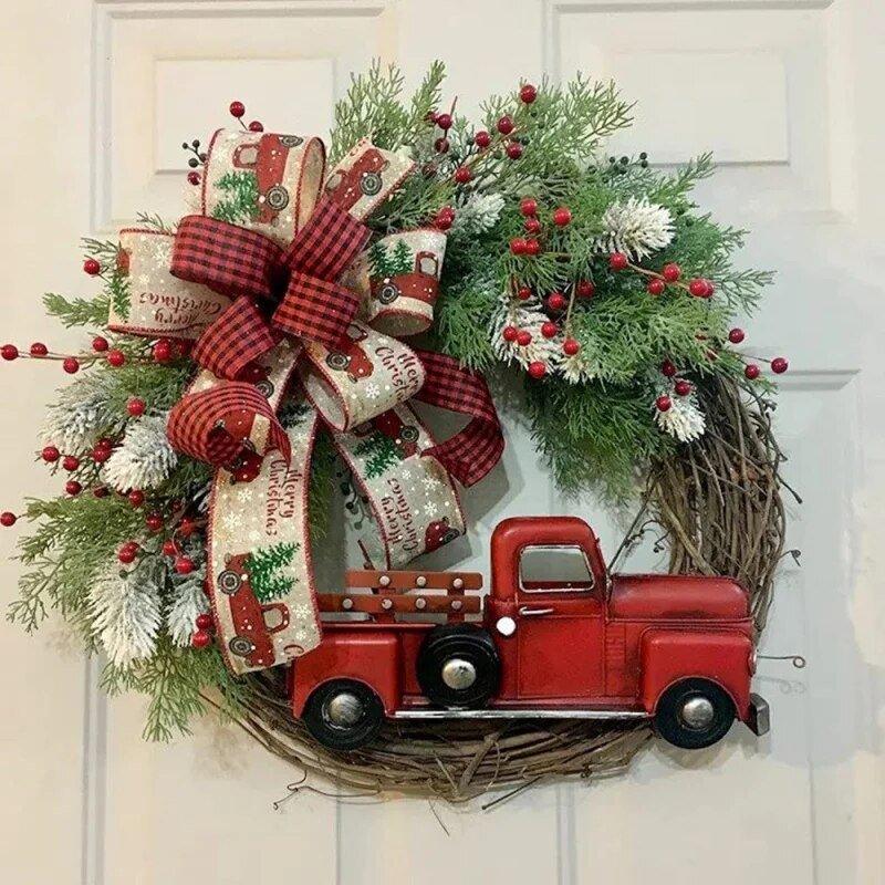 35CM Christmas Wreath Webbing Red Truck Outdoor Indoor Home Party Wall - MaxwellVerBeek.com