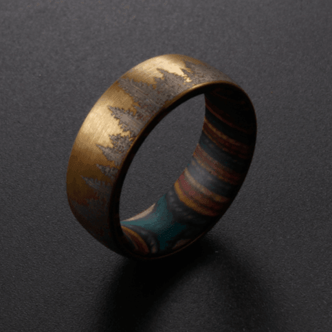 Bronze Etched Tree Line with Striped Wood Sleeve Tungsten Ring - MaxwellVerBeek.com