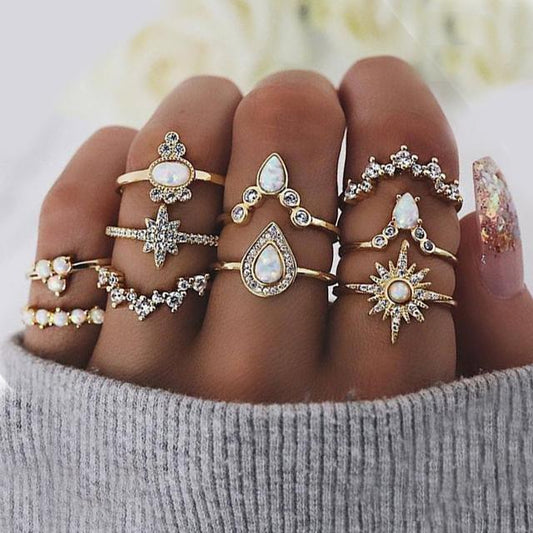 10 Piece Opal Created Ring Set With Austrian Crystals 18K Gold Plated Ring ITALY Design