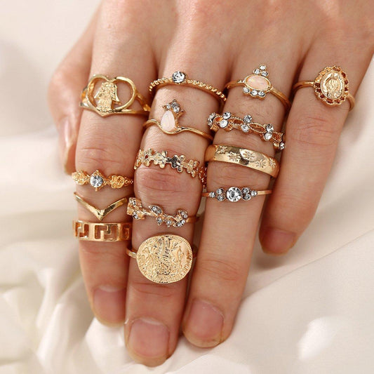 15 Piece Assorted Ring Set With Austrian Crystals 18K Gold Plated Ring in 18K Gold Plated ITALY Design