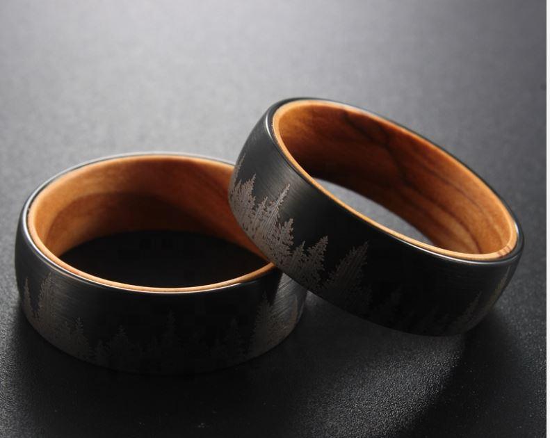 Black Etched Tree Line Wood and Tungsten Ring - MaxwellVerBeek.com