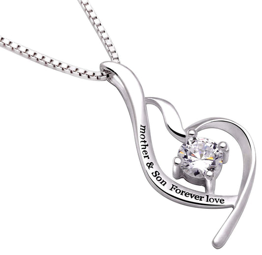 "Mother & Son Forever Love" Heart Necklace Embellished with  Crystals in 18K White Gold Plated